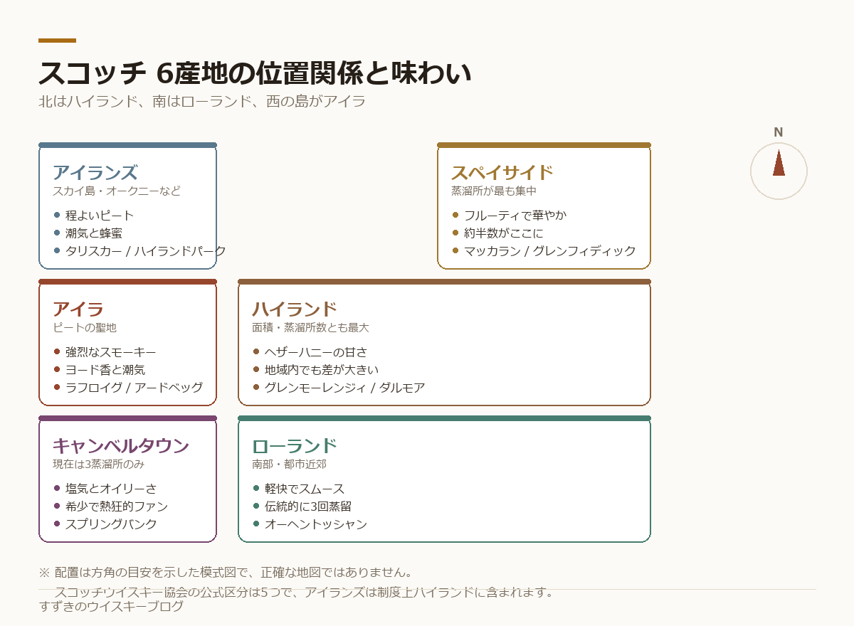 スコッチウイスキー6産地の位置関係と、それぞれの味わい・代表銘柄を示した模式図